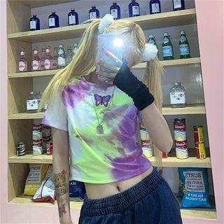 Tie-dyed Butterfly Embroidered Cropped Top As Shown In Figure - One Size