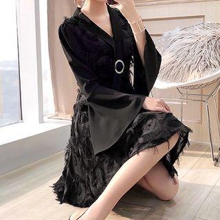 V-neck Fringe Trim Long-sleeve A-line Dress