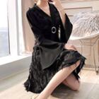 V-neck Fringe Trim Long-sleeve A-line Dress