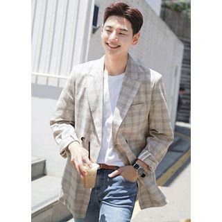 Double-breasted Linen Blend Plaid Blazer