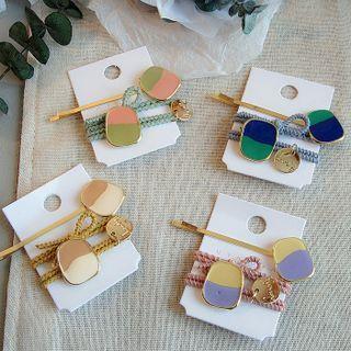 Set: Metal Color-block Hair Clips + Hair Tie