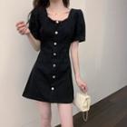 Short-sleeve Button-up Denim Mini A-line Dress