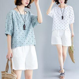 Set : Dotted Print Short-sleeve T Shirt + Wide-leg Shorts