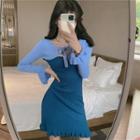 Long-sleeve Knit Frill Trim Sheath Dress