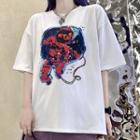 Astronaut Print Elbow-sleeve T-shirt White - One Size