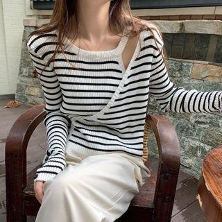 Mock Two-piece Striped Knit Top Stripe - White - One Size