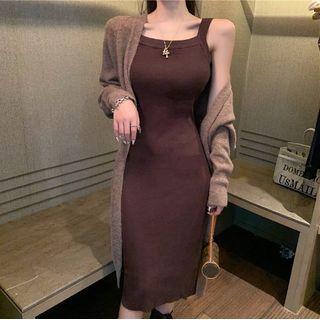 Long Cardigan / Sleeveless Knit Dress