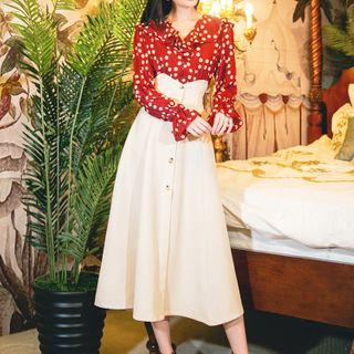 Set: Dotted Blouse + Midi A-line Skirt