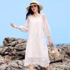 Set: Embroidered 3/4-sleeve Midi Dress + Slipdress White - One Size