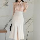 Set: Sleeveless Blouse + Front-slit Midi A-line Skirt