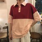 Elbow-sleeve Color Block Polo T-shirt As Shown In Figure - One Size