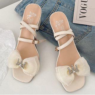 Chunky Heel Rhinestone Crown Slide Sandals