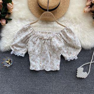 Lace Trim Off-shoulder Puff-sleeve Top