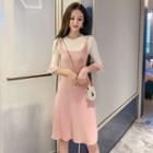 Mock Two-piece Elbow-sleeve Perforated Knit Dress