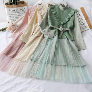 Set: Ruffled Mock-neck A-line Dress + Ruffled Knit Vest With Belt