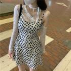 Long-sleeve Cutout Lace Top / Spaghetti Strap Heart Print Mini Dress