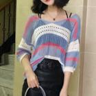 Long Sleeve Striped Knit Top Light Blue - One Size