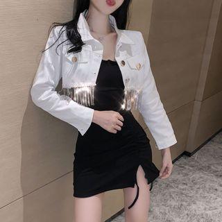 Fringed Cropped Jacket / Spaghetti Strap Mini Dress