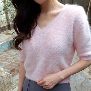 V-neck Short-sleeve Furry-knit Top