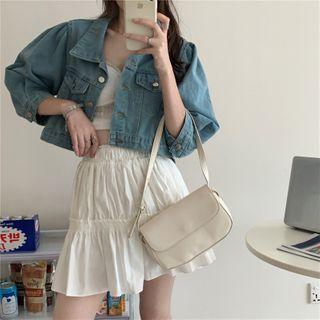 Denim Cropped Jacket / High-waist Shirred Skort