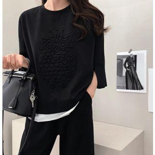 Set: Round-neck Layered Top + Band-waist Pants One Size
