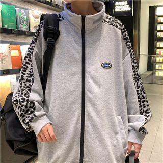 Leopard Print Panel Logo Zip-up Jacket