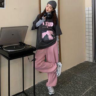 Plain Long-sleeve T-shirt / Lettering Elbow-sleeve T-shirt / Harem Pants