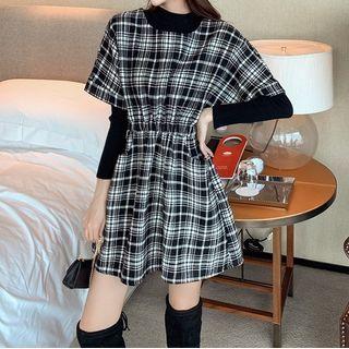 Set: Long-sleeve Top + Plaid Mini A-line Dress