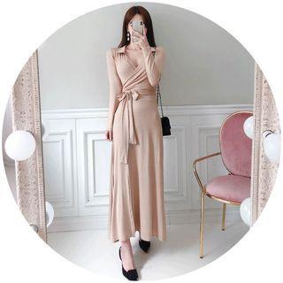 Collared Surplice-wrap Slit-hem Maxi Dress