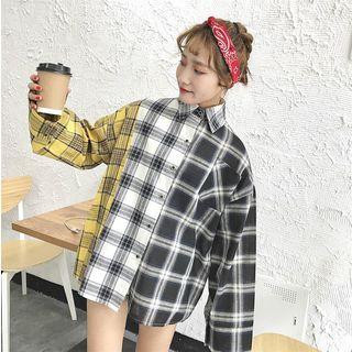 Color-block Check Long-sleeve Loose-fit Shirt