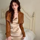 Cropped Faux Leather Jacket / Spaghetti-strap Mini A-line Dress