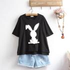 Set: Rabbit Print Short-sleeve T-shirt + Denim Shorts