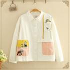 Cartoon Print Color-block Pocket Lapel Jacket White - One Size