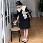 Elbow-sleeve Collar Two-tone Dress