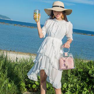 Elbow-sleeve Frill Trim Sundress