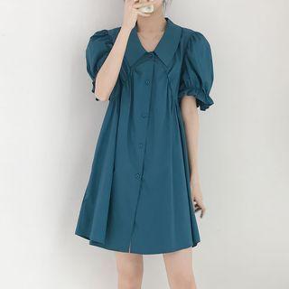 Short-sleeve Mini A-line Shirt Dress Peacock Blue - One Size