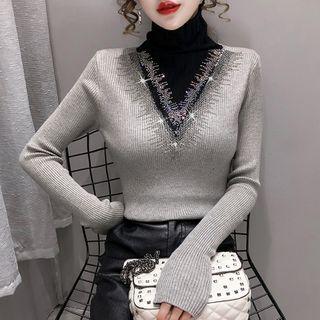 Turtleneck Two-tone Panel Rhinestone Knit Top