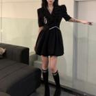Short-sleeve Notch Lapel Mini A-line Dress Black - One Size