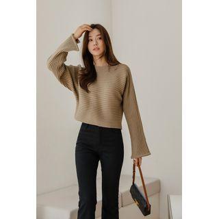 Boatneck Slit-cuff Knit Crop Top