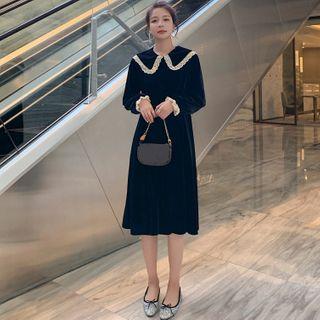 Collared Long-sleeve A-line Velvet Dress