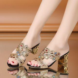Chunky Heel Embellished Slide Sandals