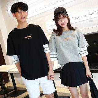 Couple Matching 3/4-sleeve Mock Two Piece T-shirt