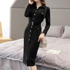 Long-sleeve Pocket-accent Buttoned Dress