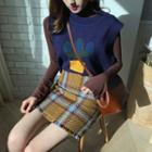 Set: Turtleneck T-shirt + Print Knit Vest + Frayed Plaid Mini Skirt