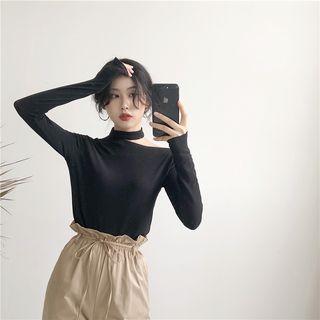 Plain Halter Long-sleeve Slim-fit Top