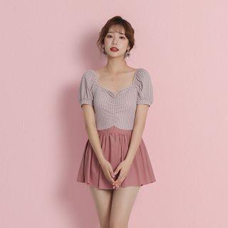 Short-sleeve Checked A-line Swimdress