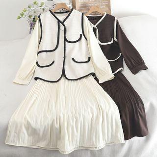 Set: Long-sleeve Midi A-line Dress + Contrast Trim Vest