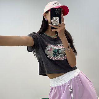 Graphic-print Cropped T-shirt Charcoal Gray - One Size