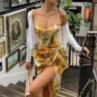Spaghetti Strap Floral Print Side-split Ruched Corset Dress