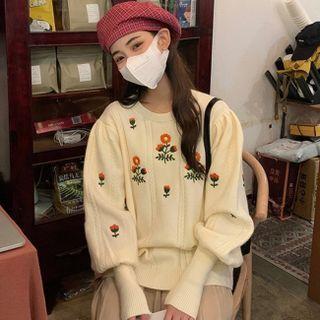 Embroidered Long-sleeve Sweater White - One Size